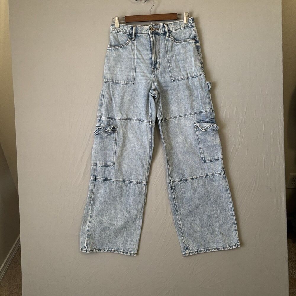 SO High Rise Carpenter Jeans Women's Size Medium Cargo Wide Leg Light Wash Denim